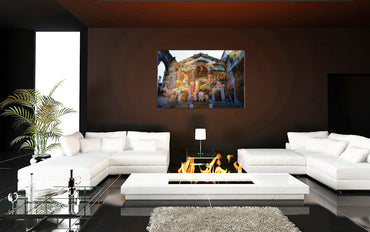 The Fall of the Titans luxury acrylic print by Storaro - Multiple overlapping classical figures in dynamic mythological conflict within Roman basilica ruins in vibrant layered colors